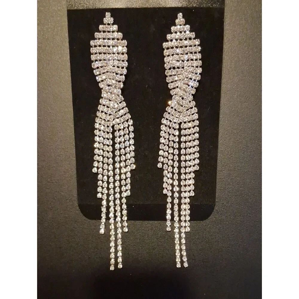 Sparkling Silver Rhinestone Long Tassel Earrings. Stainless Steel.  New